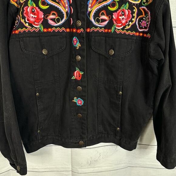 Carole Little Sport Women 4 Embroidered Beaded Oversized Denim Jacket Boho Artsy - Picture 7 of 10